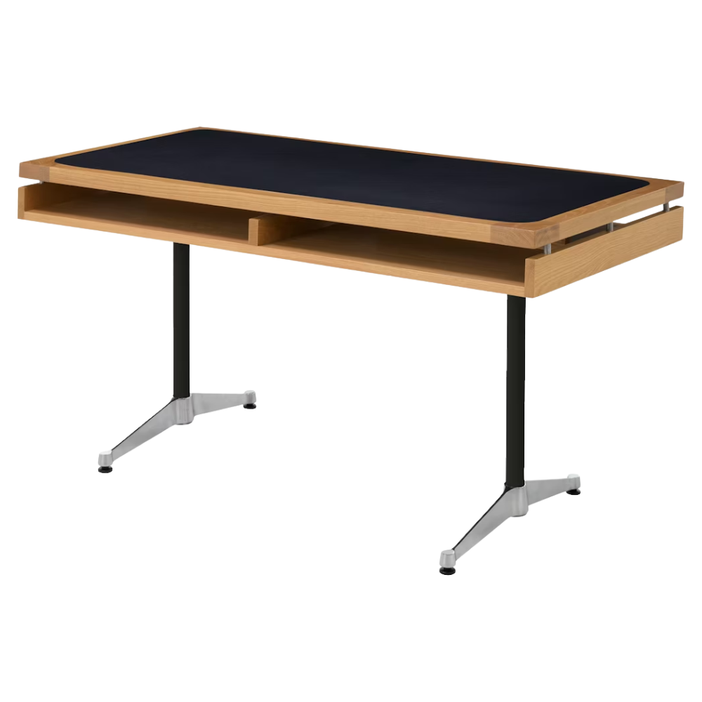 The 30 by 60 inch white oak Eames 2500 Series Executive Desk from Herman Miller with the leather inlay finish from an angle.