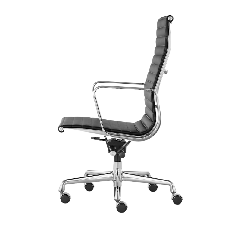 The Eames Aluminum Group Chair, Executive from Herman Miller with the black leather, aluminum frame and standard height from the side.
