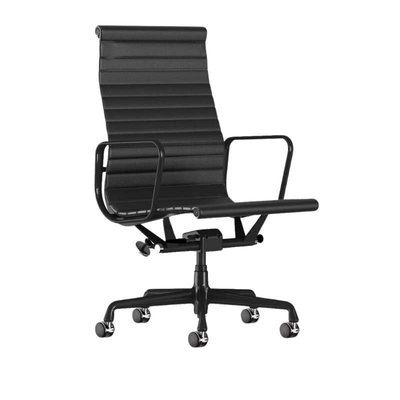 The Eames Aluminum Group Chair, Executive from Herman Miller with the black leather, black frame and extended height.
