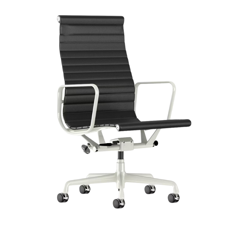 The Eames Aluminum Group Chair, Executive from Herman Miller with the black leather, white frame and standard height.