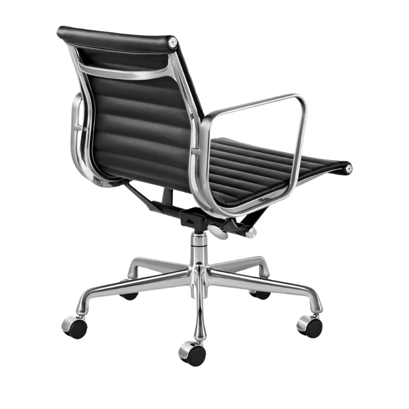 The Eames Aluminum Group Chair, Management from Herman Miller with the black leather, aluminum frame and standard height, angled.