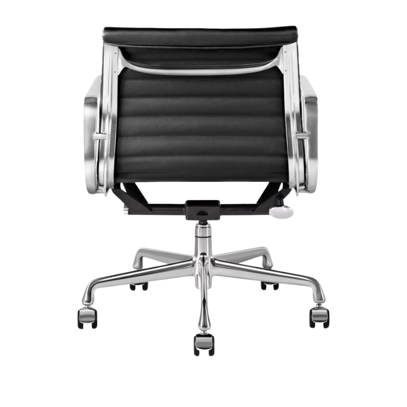 The Eames Aluminum Group Chair, Management from Herman Miller with the black leather, aluminum frame and standard height, showing the back of the chair.