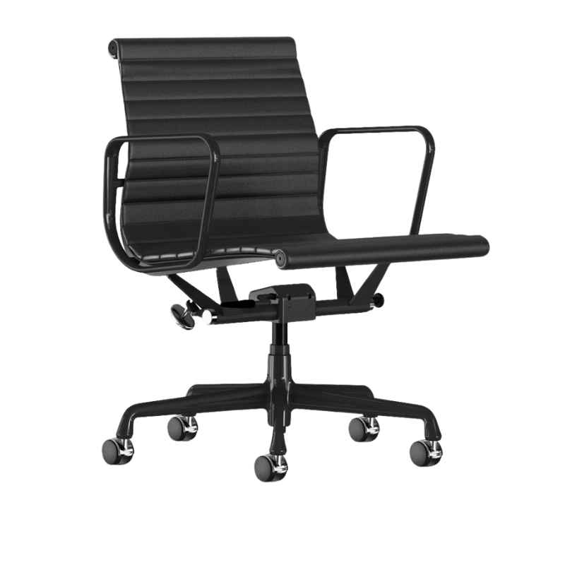 The Eames Aluminum Group Chair, Management from Herman Miller with the black leather, black frame and standard height.