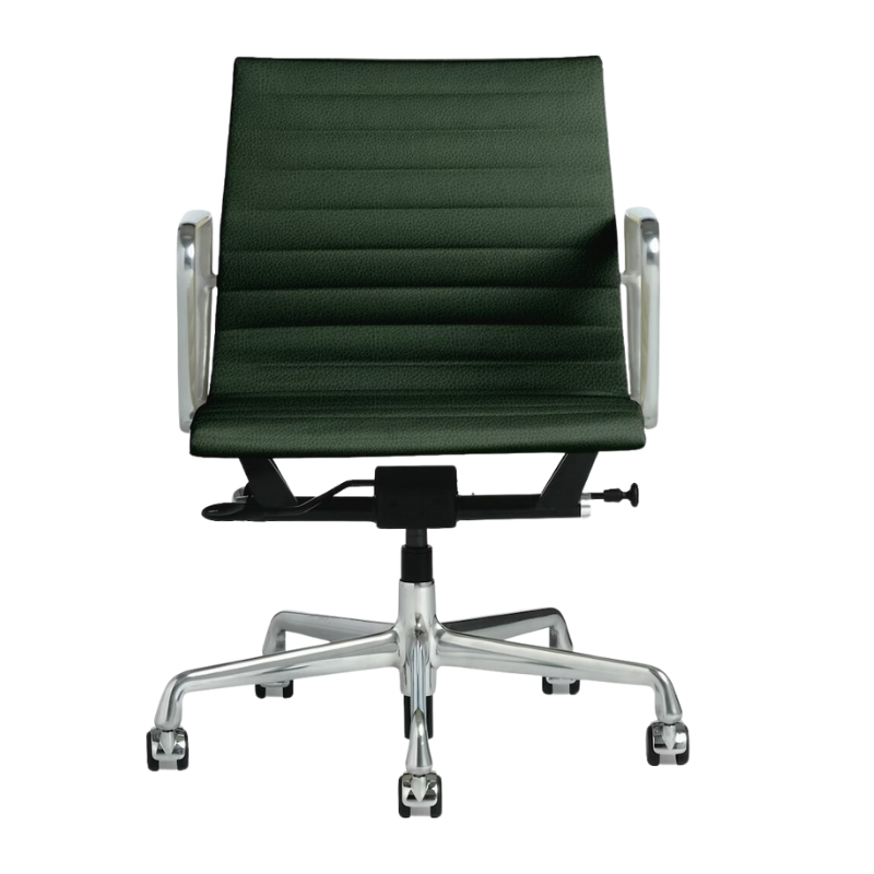 The Eames Aluminum Group Chair, Management from Herman Miller with the holiday leather, aluminum frame and extended height.