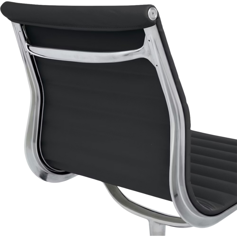 The Eames Aluminum Group Side Chair from Herman Miller in black vincenza leather from back close-up.