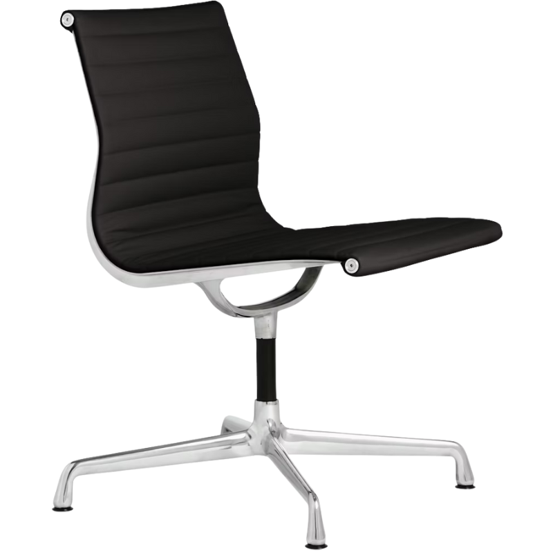 The Eames Aluminum Group Side Chair from Herman Miller in blac vincenza leather from side angled.