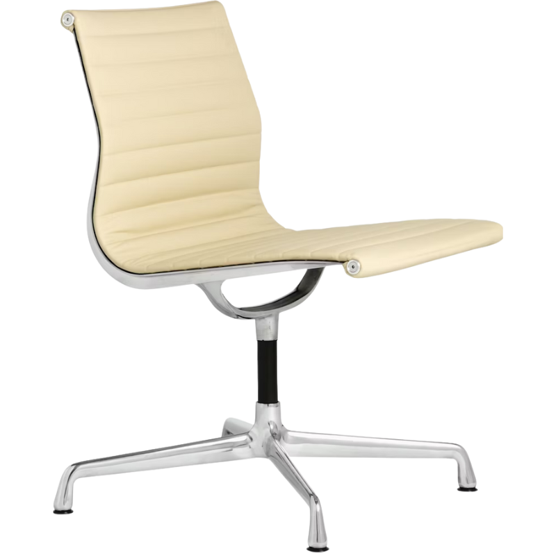 The Eames Aluminum Group Side Chair from Herman Miller in ivory vincenza leather from side angled.