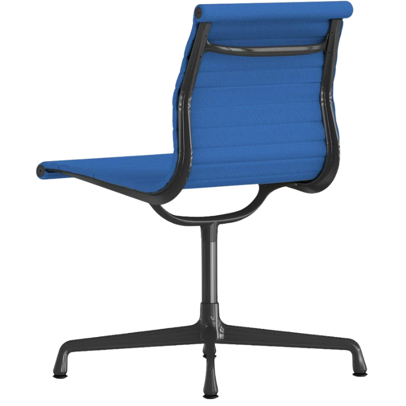 The Eames Graphite Group Side Chair from Herman Miller in cobalt blue hopsak fabric backrest.