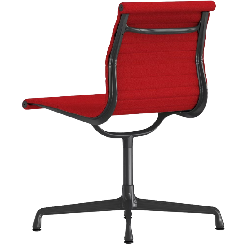 The Eames Graphite Group Side Chair from Herman Miller in crimson hopsak fabric backrest.