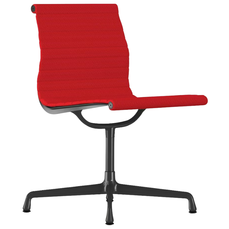 The Eames Graphite Group Side Chair from Herman Miller in crimson hopsak fabric.