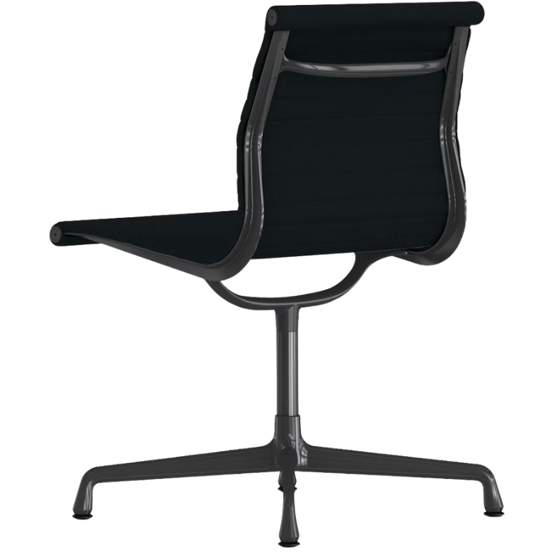 The Eames Graphite Group Side Chair from Herman Miller in dark grey blue hopsak fabric backrest.