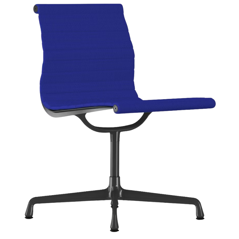 The Eames Graphite Group Side Chair from Herman Miller in dark ultramarine hopsak fabric.