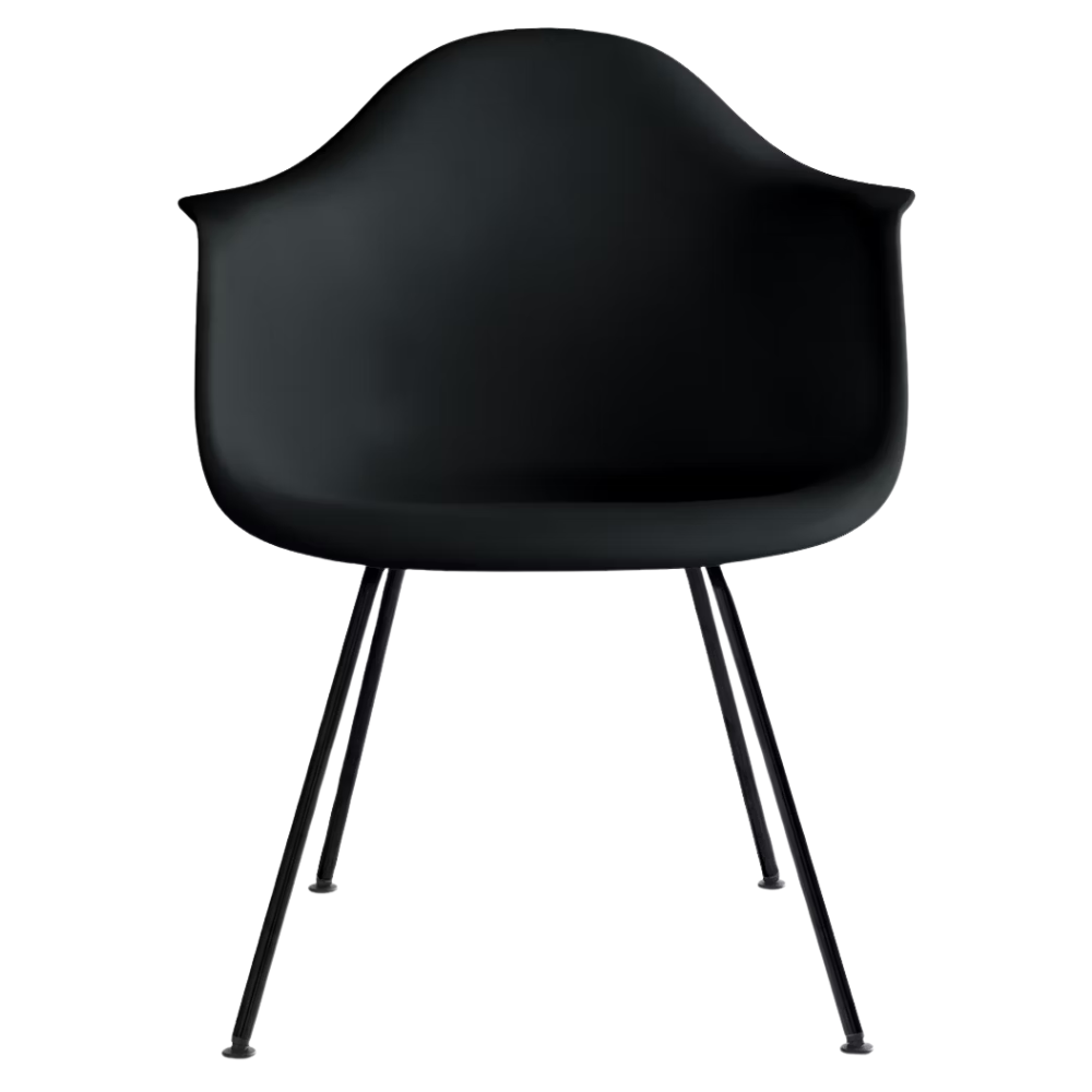 The black shell Eames Molded Plastic Armchair 4-Leg Base from Herman Miller with the black base.