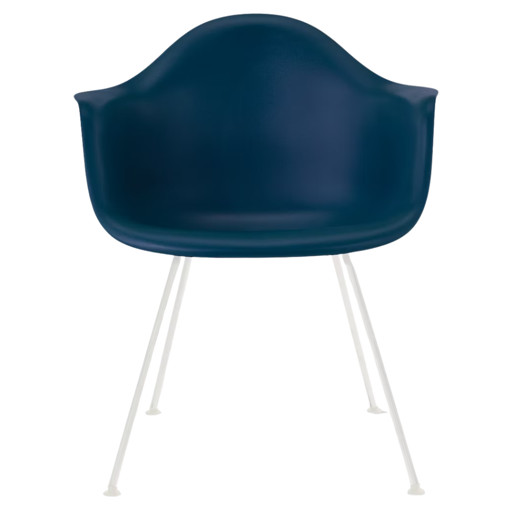 The blue green shell Eames Molded Plastic Armchair 4-Leg Base from Herman Miller with the white base.