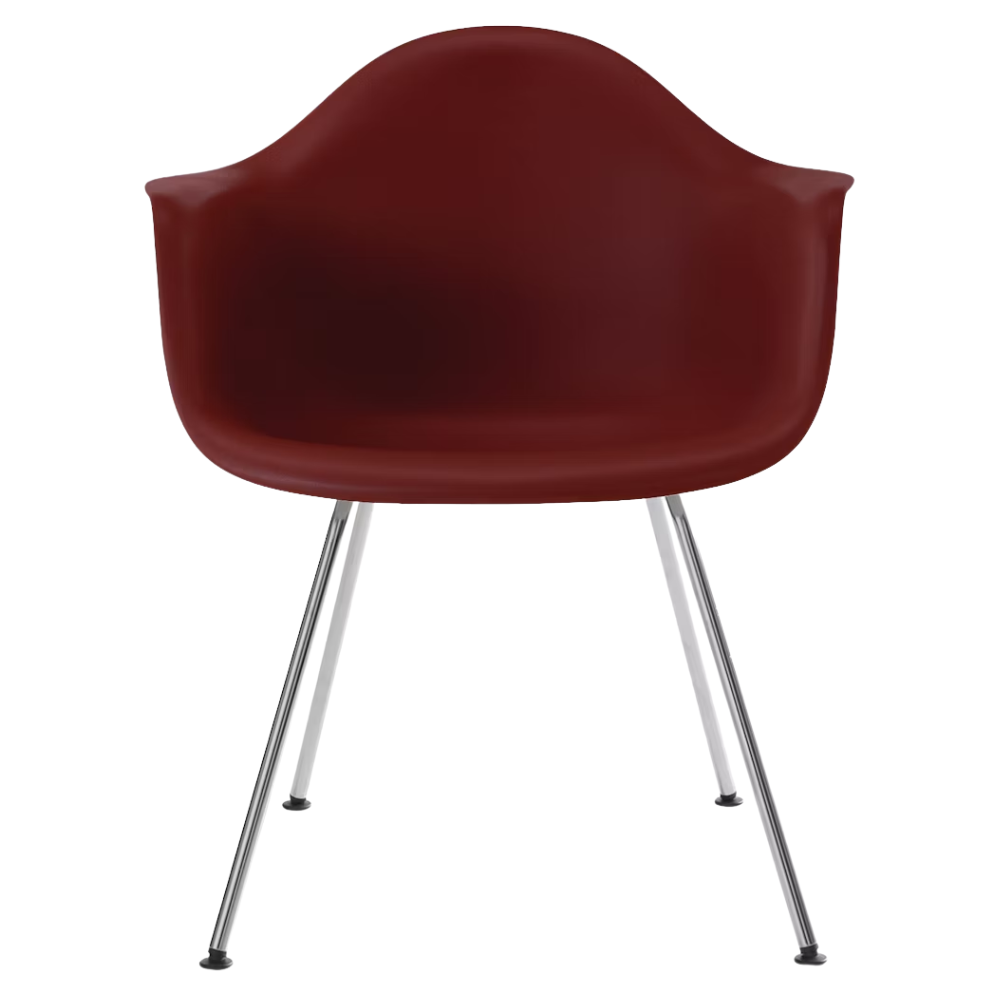 The brick red shell Eames Molded Plastic Armchair 4-Leg Base from Herman Miller with the trivalent chrome base.