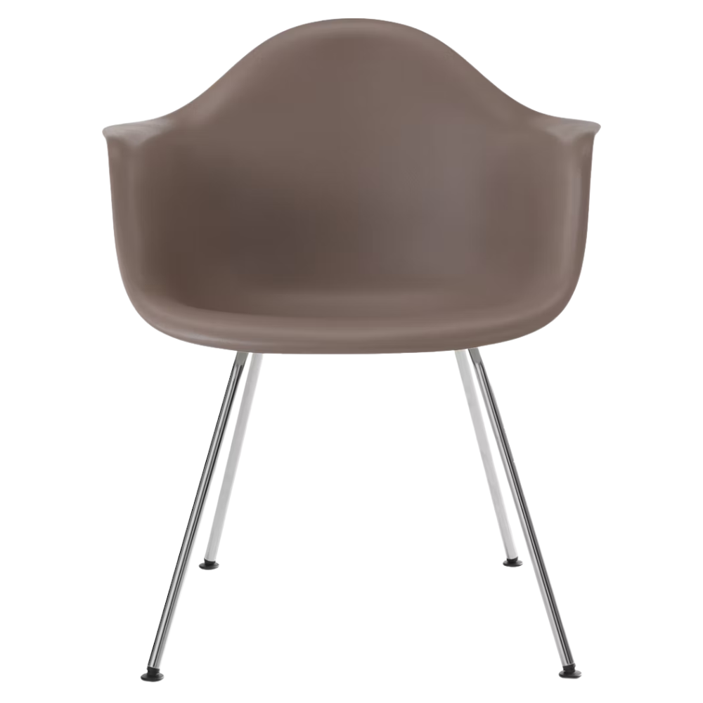 The cocoa shell Eames Molded Plastic Armchair 4-Leg Base from Herman Miller with the trivalent chrome base.