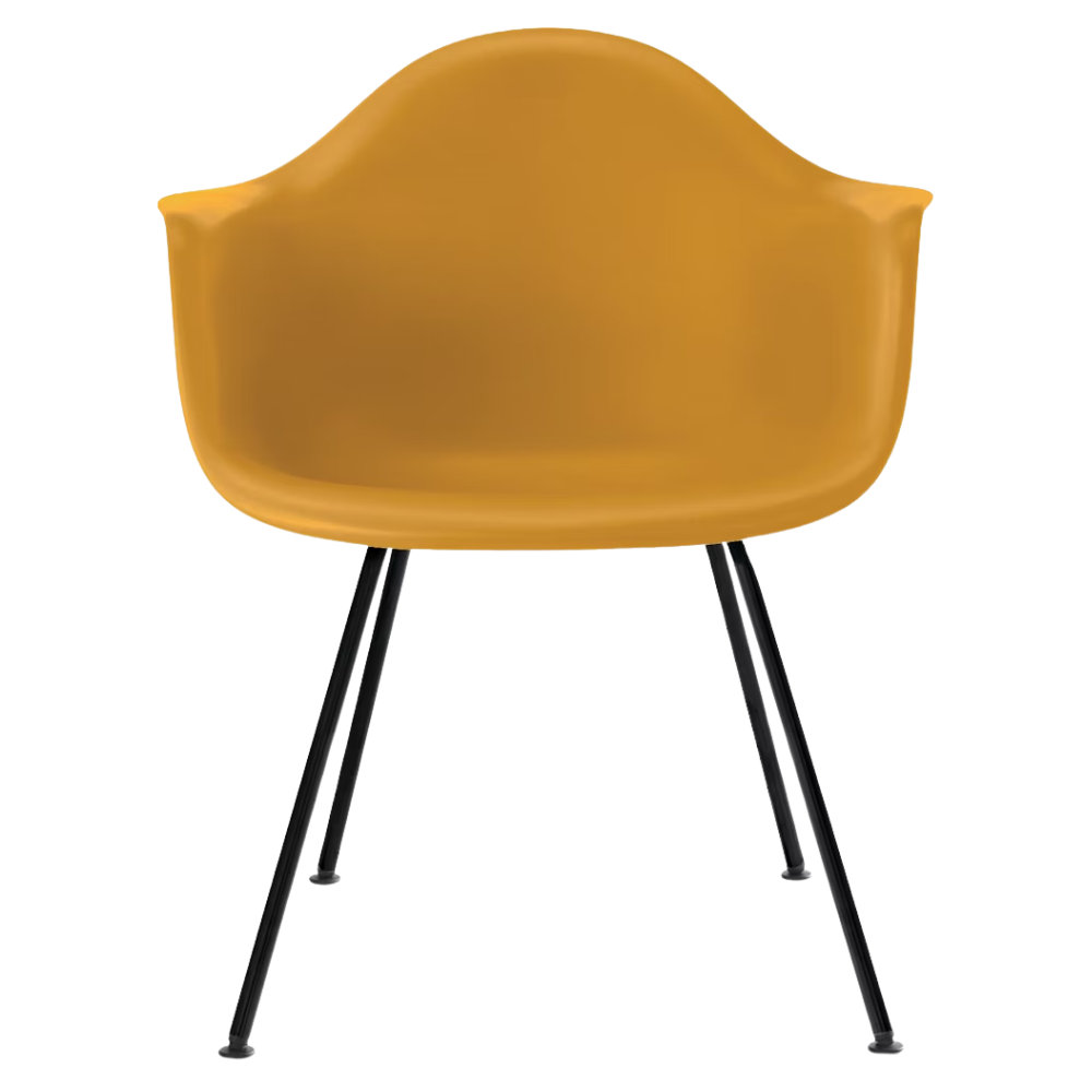 The deep yellow shell Eames Molded Plastic Armchair 4-Leg Base from Herman Miller with the black base.