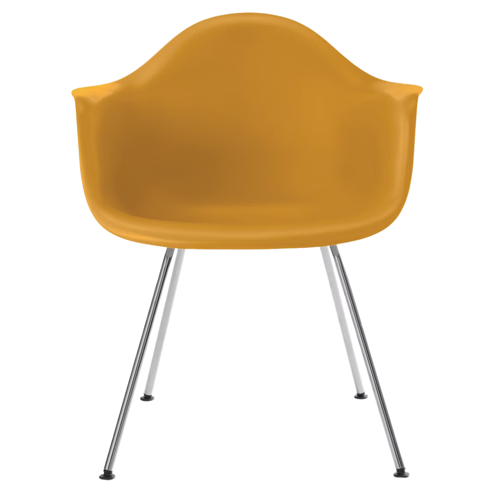 The deep yellow shell Eames Molded Plastic Armchair 4-Leg Base from Herman Miller with the trivalent chrome base.