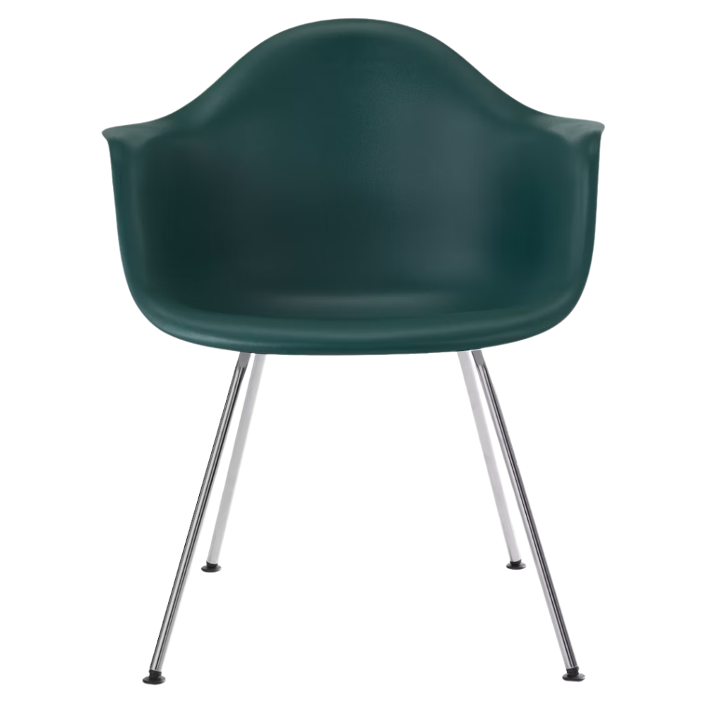 The evergreen shell Eames Molded Plastic Armchair 4-Leg Base from Herman Miller with the trivalent chrome base.