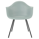 The gray green shell Eames Molded Plastic Armchair 4-Leg Base from Herman Miller with the black base.