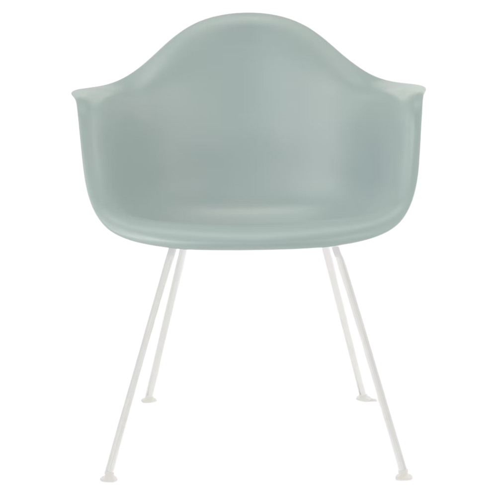 The gray green shell Eames Molded Plastic Armchair 4-Leg Base from Herman Miller with the white base.