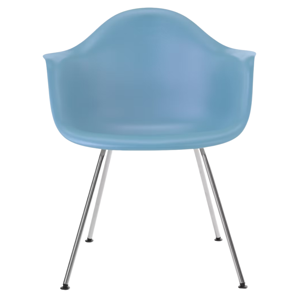 The pale blue shell Eames Molded Plastic Armchair 4-Leg Base from Herman Miller with the trivalent chrome base.