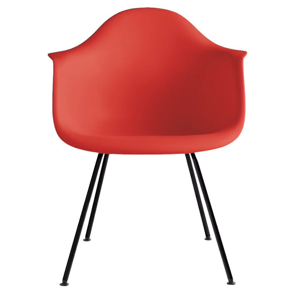 The red orange shell Eames Molded Plastic Armchair 4-Leg Base from Herman Miller with the black base.