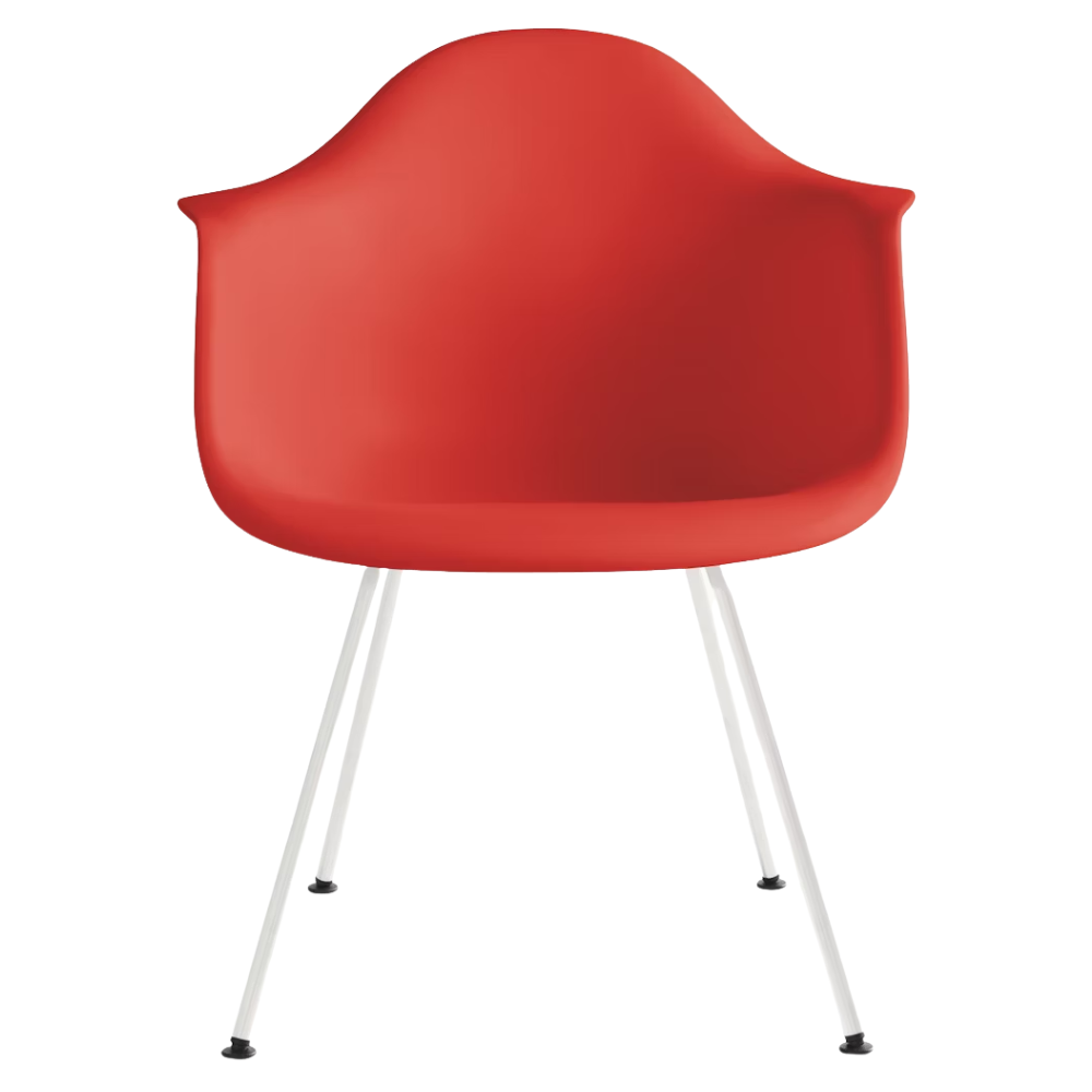 The red orange shell Eames Molded Plastic Armchair 4-Leg Base from Herman Miller with the white base.