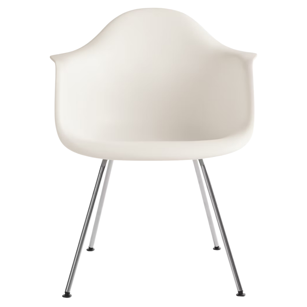 The white shell Eames Molded Plastic Armchair 4-Leg Base from Herman Miller with the trivalent chrome base.