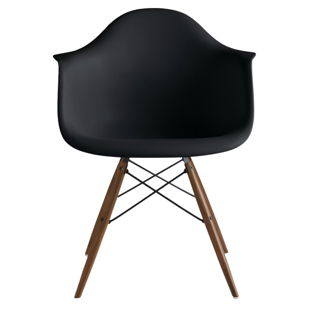 The black shell Eames Molded Plastic Armchair Dowel-Leg Base with the black base and walnut legs.