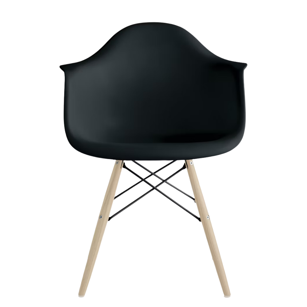 The black shell Eames Molded Plastic Armchair Dowel-Leg Base with the black base and white oak legs.