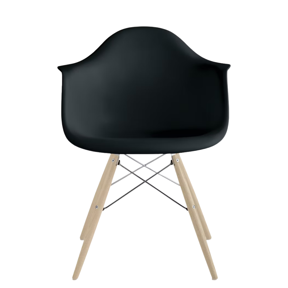 The black shell Eames Molded Plastic Armchair Dowel-Leg Base with the trivalent chrome base and white oak legs.