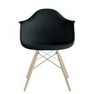 The black shell Eames Molded Plastic Armchair Dowel-Leg Base with the trivalent chrome base and white oak legs.