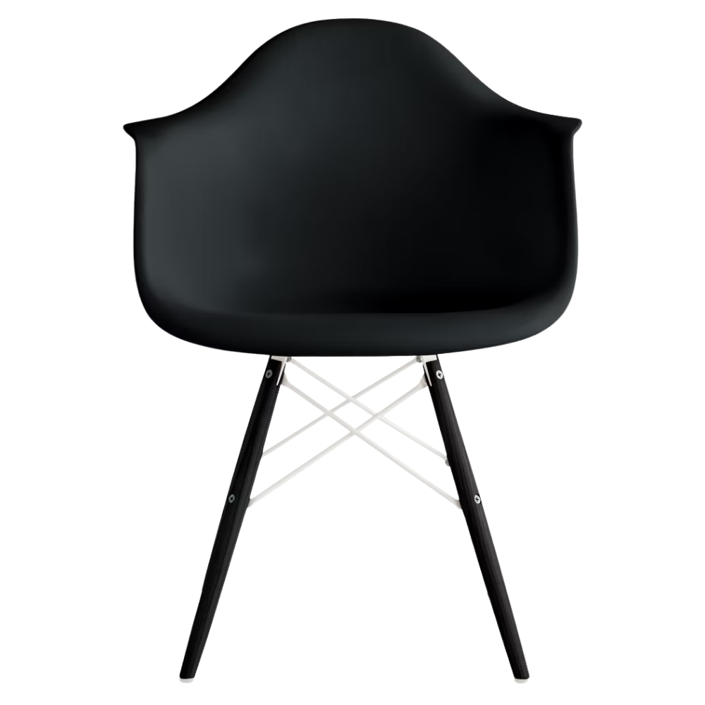 The black shell Eames Molded Plastic Armchair Dowel-Leg Base with the white base and ebony legs.
