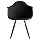The black shell Eames Molded Plastic Armchair Dowel-Leg Base with the white base and ebony legs.