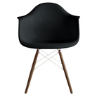 The black shell Eames Molded Plastic Armchair Dowel-Leg Base with the white base and walnut legs.