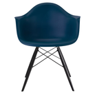 The blue green shell Eames Molded Plastic Armchair Dowel-Leg Base with the black base and ebony legs.