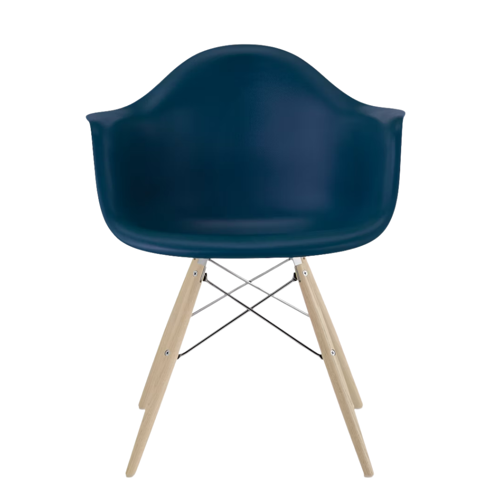 The blue green shell Eames Molded Plastic Armchair Dowel-Leg Base with the trivalent chrome base and white oak legs.