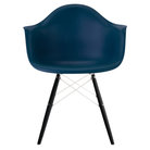 The blue green shell Eames Molded Plastic Armchair Dowel-Leg Base with the white base and ebony legs.