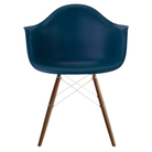 The blue green shell Eames Molded Plastic Armchair Dowel-Leg Base with the white base and walnut legs.