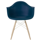 The blue green shell Eames Molded Plastic Armchair Dowel-Leg Base with the white base and white oak legs.