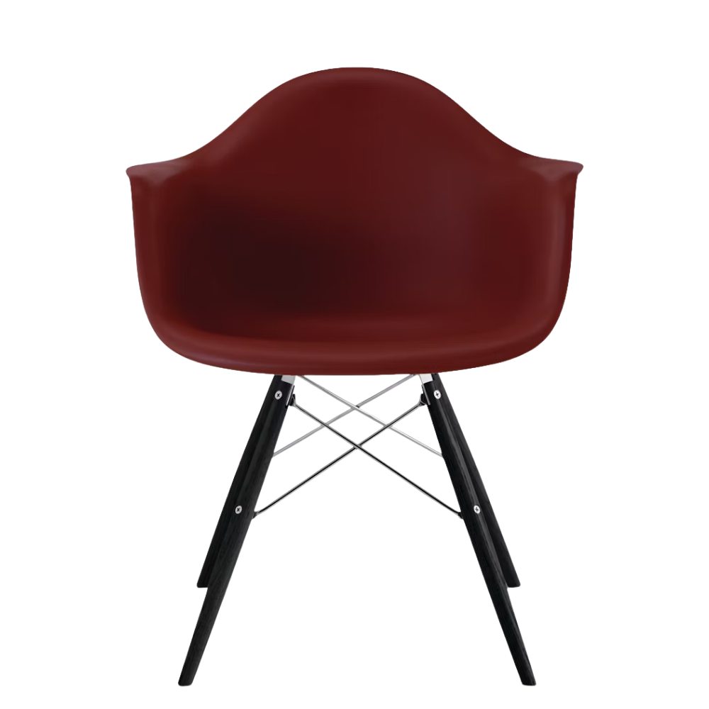 The brick red shell Eames Molded Plastic Armchair Dowel-Leg Base with the trivalent chrome base and ebony legs.