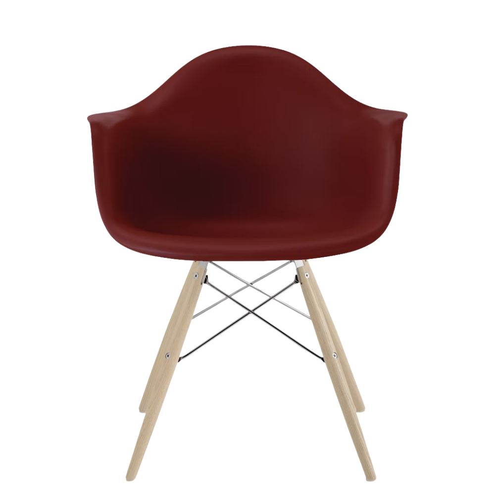 The brick red shell Eames Molded Plastic Armchair Dowel-Leg Base with the trivalent chrome base and white oak legs.