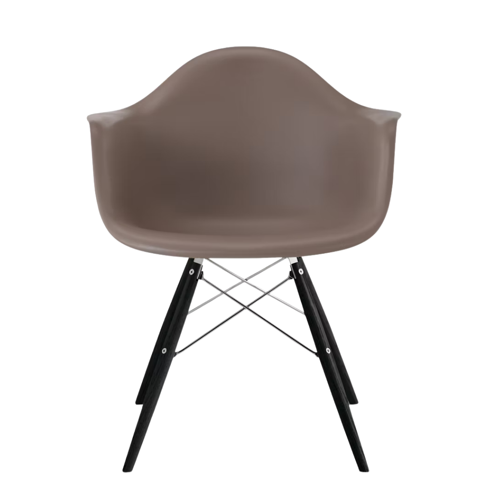 The cocoa shell Eames Molded Plastic Armchair Dowel-Leg Base with the trivalent chrome base and ebony legs.