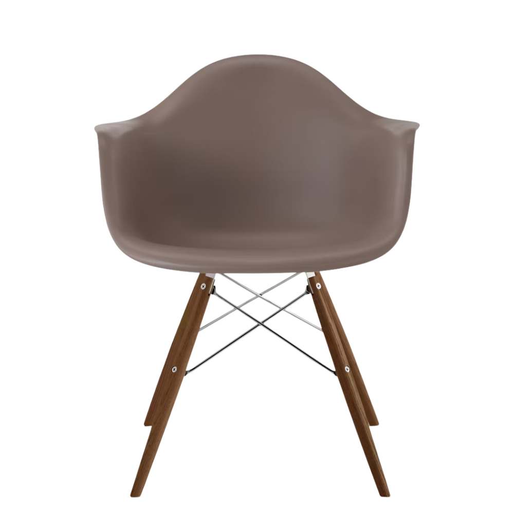 The cocoa shell Eames Molded Plastic Armchair Dowel-Leg Base with the trivalent chrome base and walnut legs.