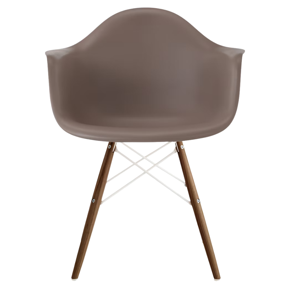The cocoa shell Eames Molded Plastic Armchair Dowel-Leg Base with the white base and walnut legs.