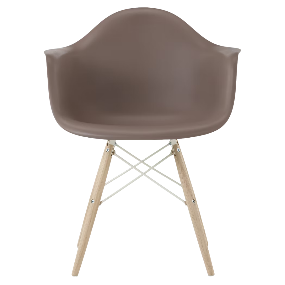 The cocoa shell Eames Molded Plastic Armchair Dowel-Leg Base with the white base and white oak legs.