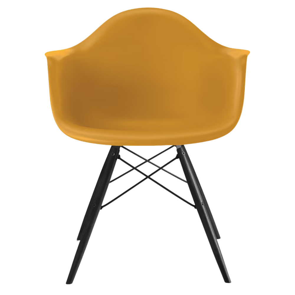 The deep yellow shell Eames Molded Plastic Armchair Dowel-Leg Base with the black base and ebony legs.