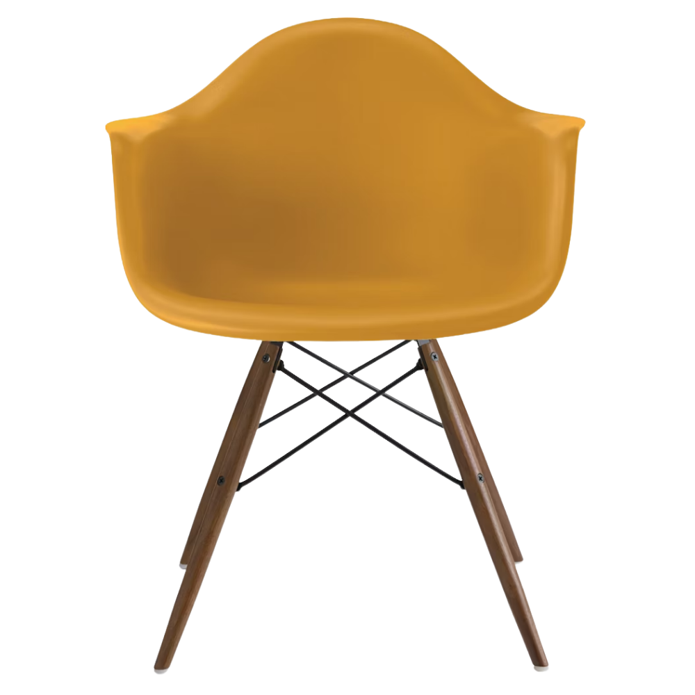 The deep yellow shell Eames Molded Plastic Armchair Dowel-Leg Base with the black base and walnut legs.