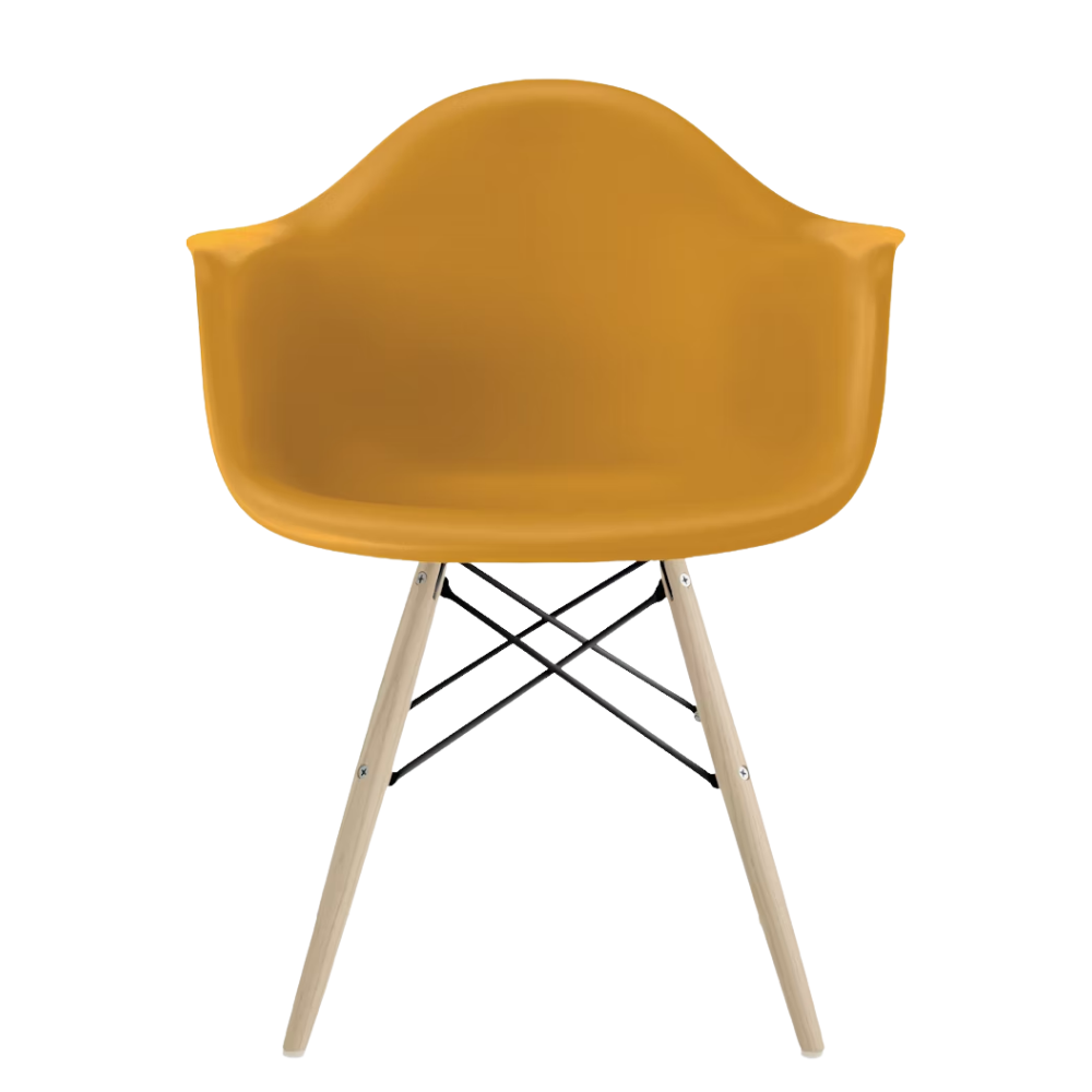 The deep yellow shell Eames Molded Plastic Armchair Dowel-Leg Base with the black base and white oak legs.